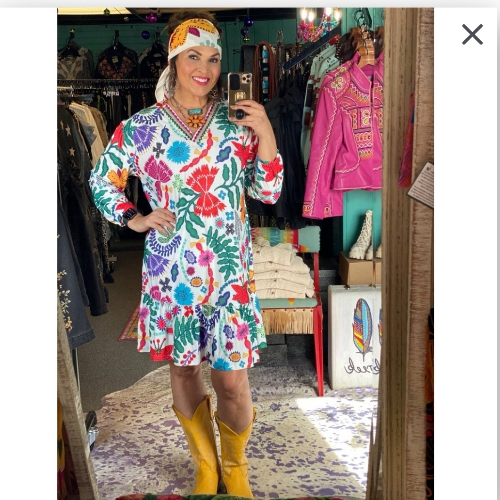 Double D Ranch Nina Print Dress with Embroidered Colar western bold boho print L